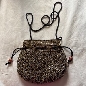 Elegant Gold and Black Vintage Beaded Sequin Drawstring Bag